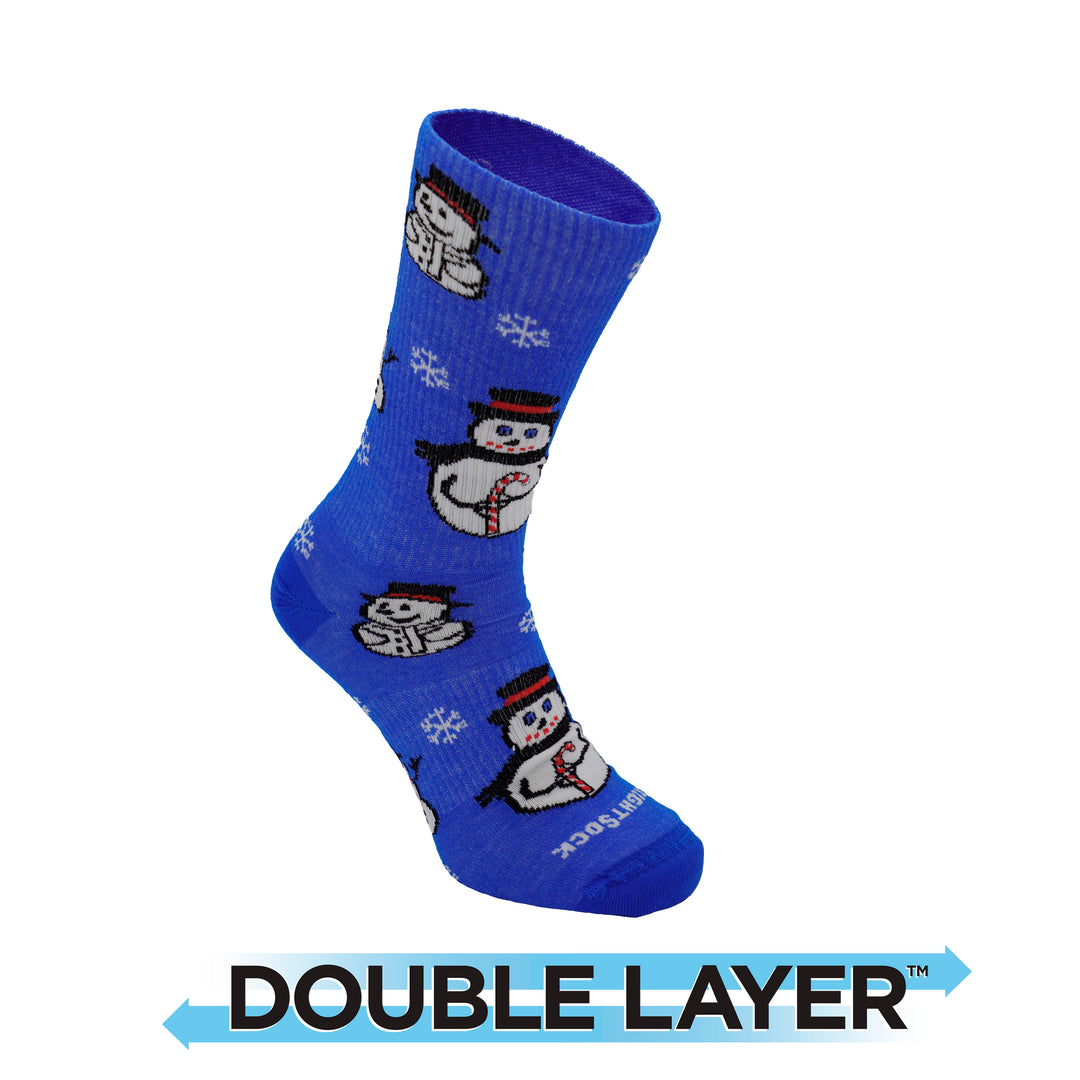 Explore Crew, Double Layer, Blue Snowman socks.